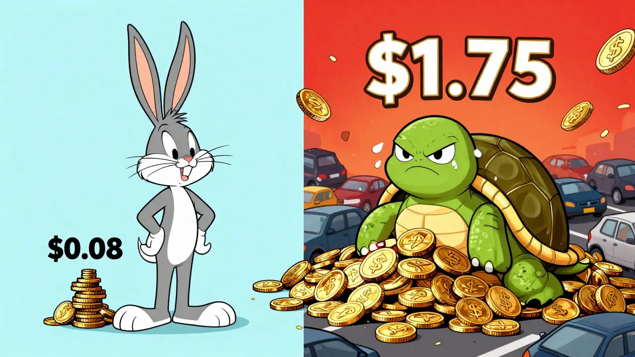 Funny cartoon comparing small fee pile to huge coin mountain for trading costs.