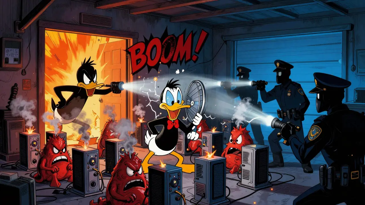 Funny cartoon of police raiding a secret crypto mining rig