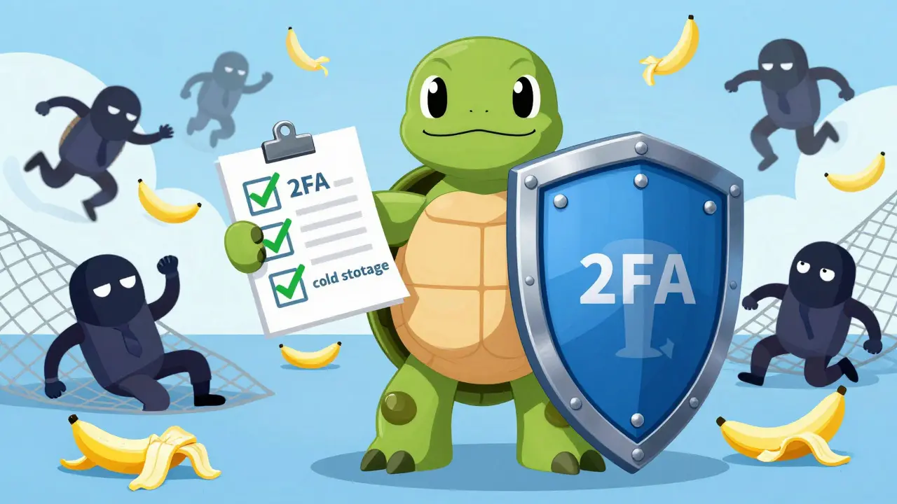 Heroic turtle behind a shield with a safety checklist, avoiding scam traps.