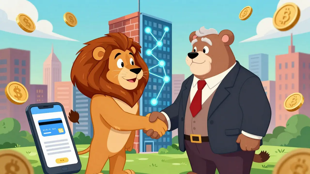 Lion mascot shaking hands with a bear near a hybrid brick-and-blockchain building