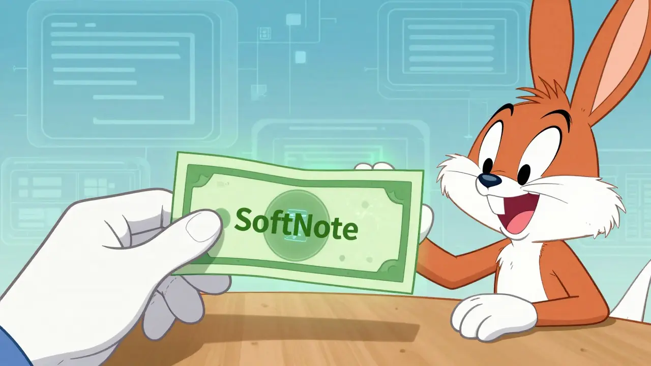 Looney Tunes character exchanging a physical SoftNote bill for instant payment