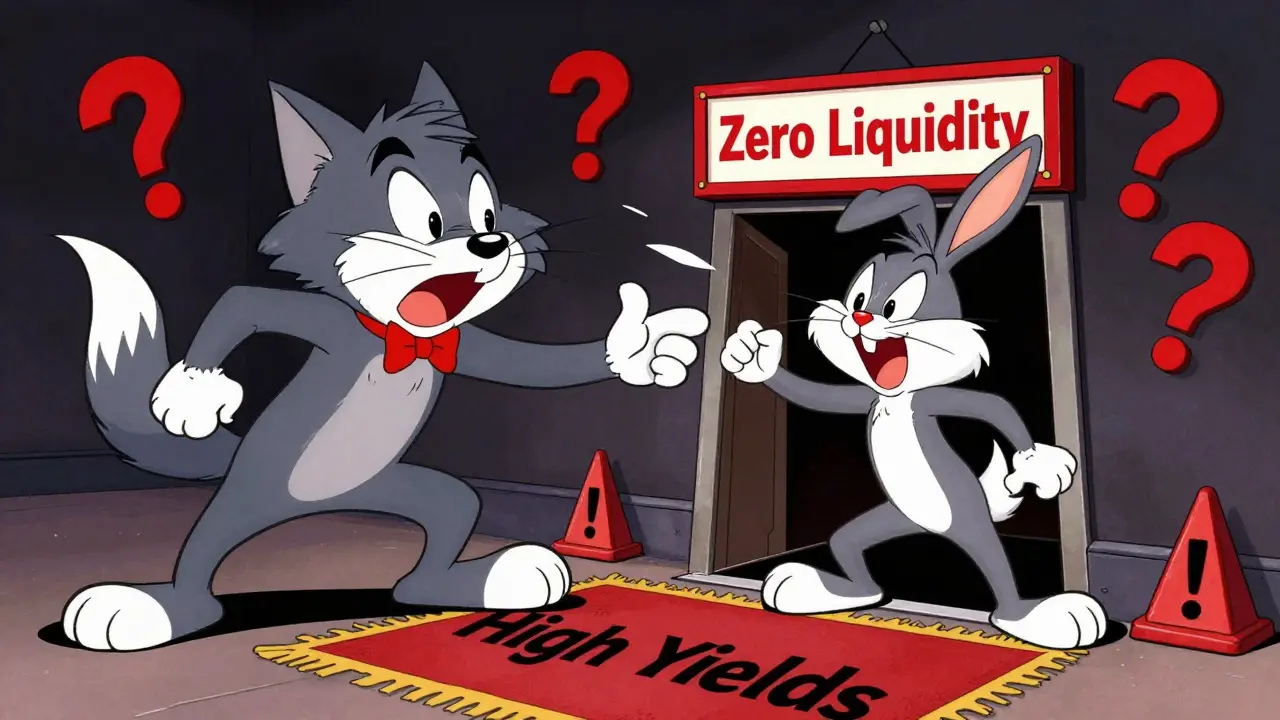 Looney Tunes style wolf luring rabbit into zero liquidity trap door