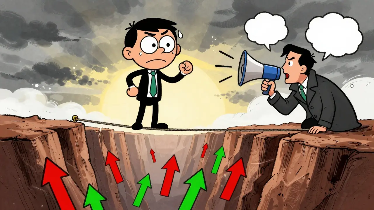 Nervous investor on a tightrope above volatile market arrows in a cartoon style.