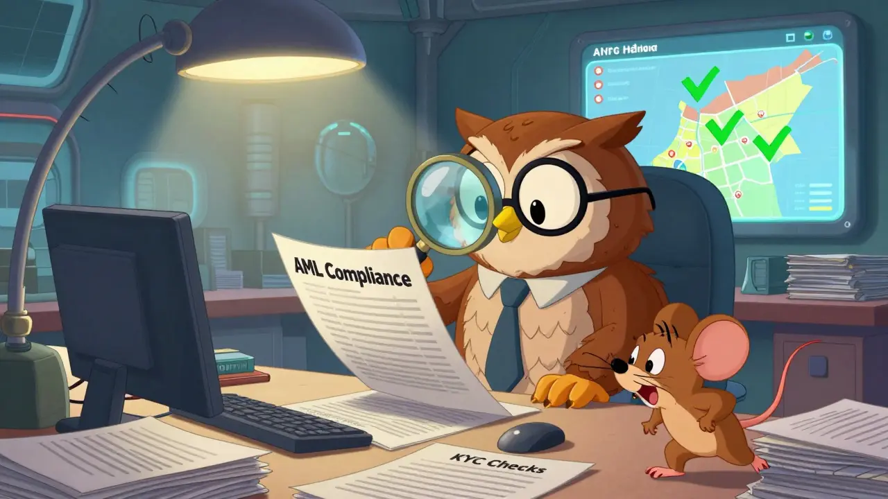 Owl regulator checking compliance documents in a busy office setting.