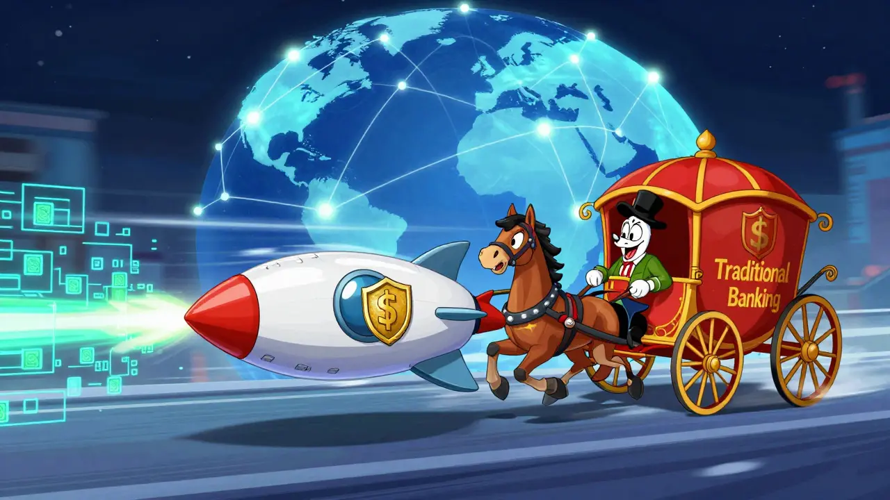 Rocket-shaped stablecoin racing past slow horse carriage in global payment race