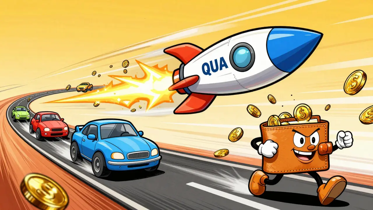 Sleek rocket racing on a blockchain track with a wallet character collecting tokens.