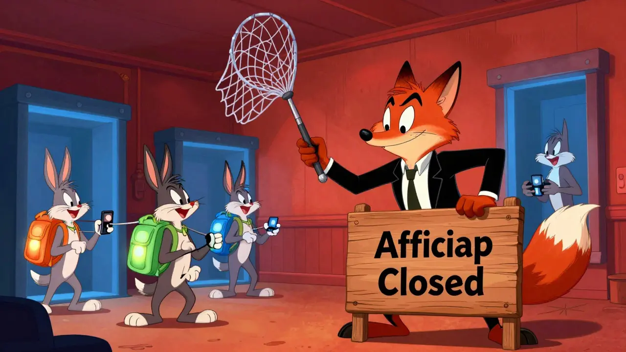 Sly fox scamming cartoon characters with fake wallet connection portals.