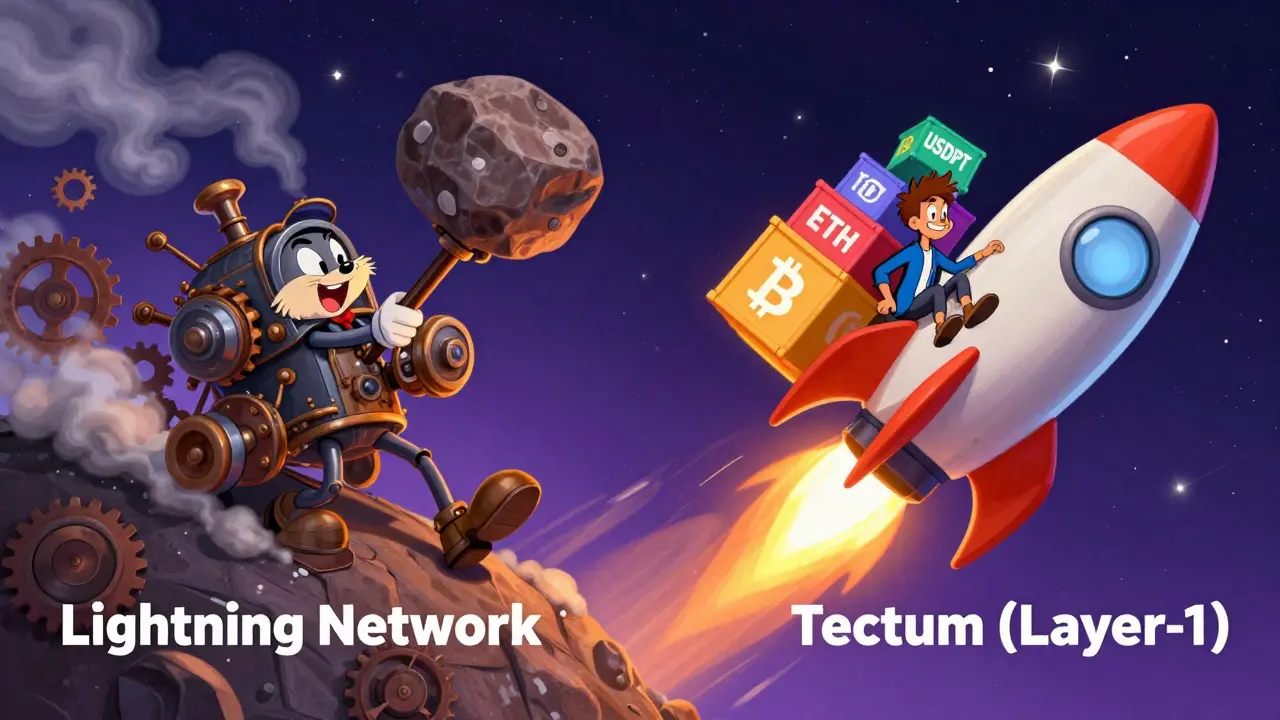 Tectum rocket outperforming a clunky Lightning Network machine in cartoon style