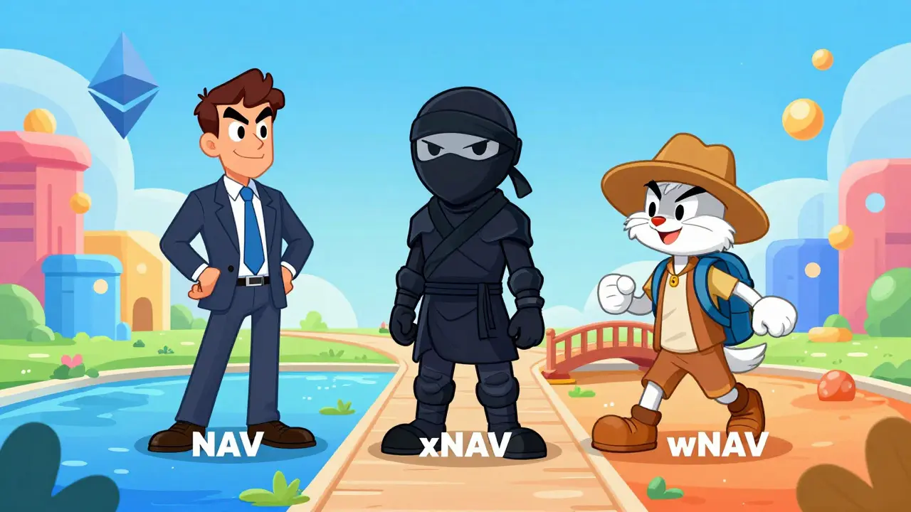 Three cartoon characters representing different Navio tokens on a bridge