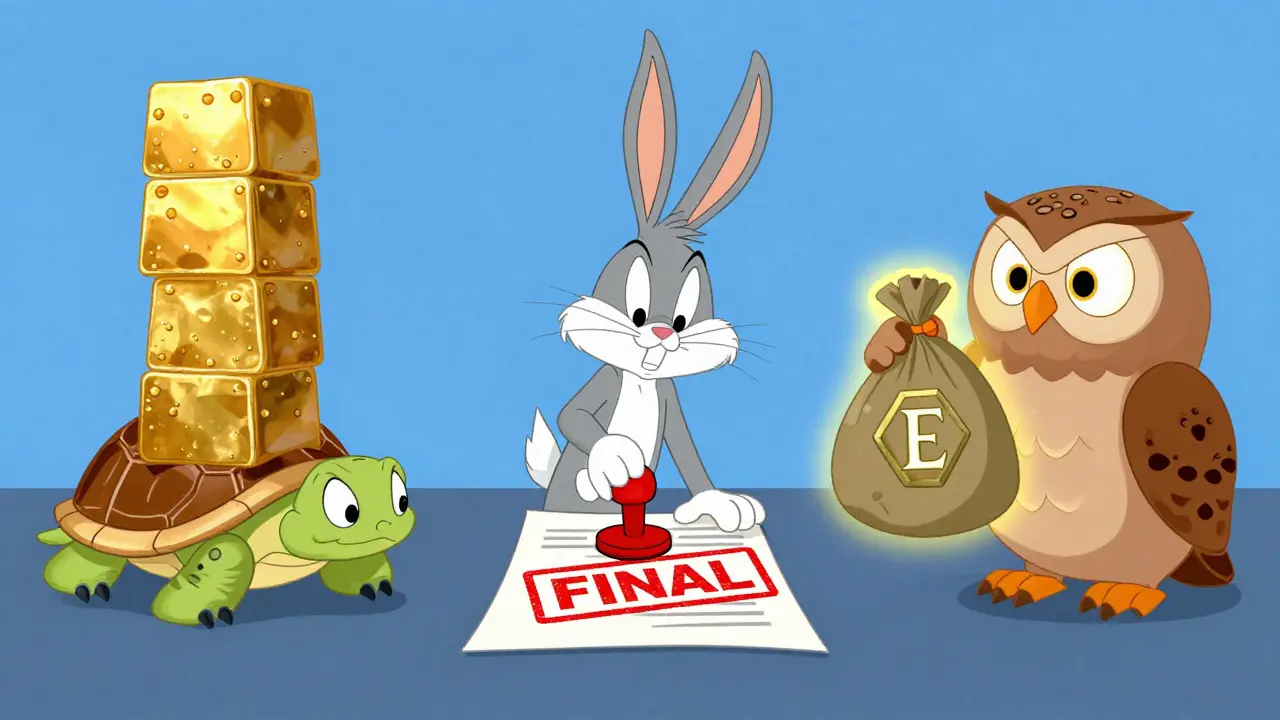 Three cartoon paths showing different blockchain finality types