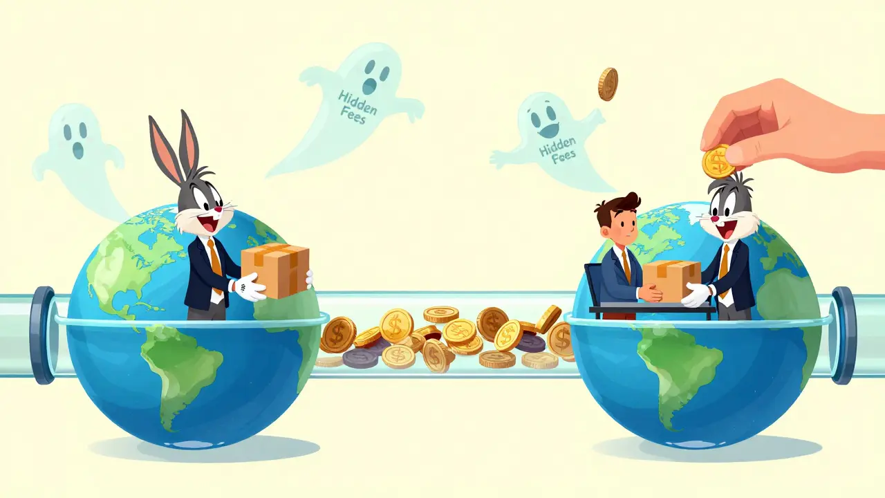 Transparent pipeline showing instant, fee-free digital money flowing between nations