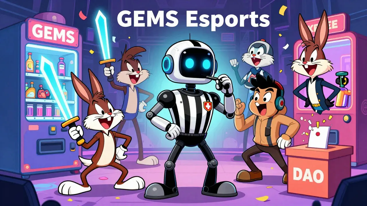 Whimsical esports arena with gamers using blockchain tools
