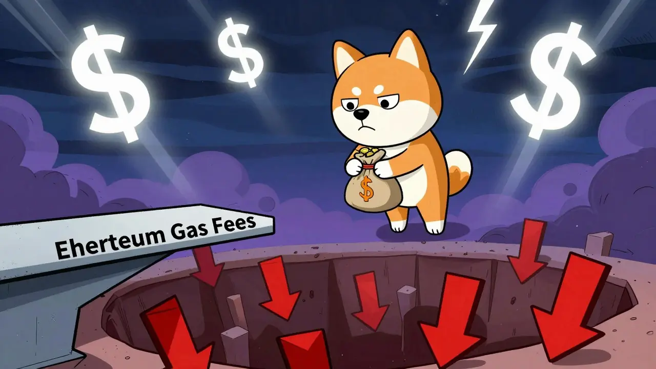 Worried cartoon dog on a diving board over a pit of red market arrows