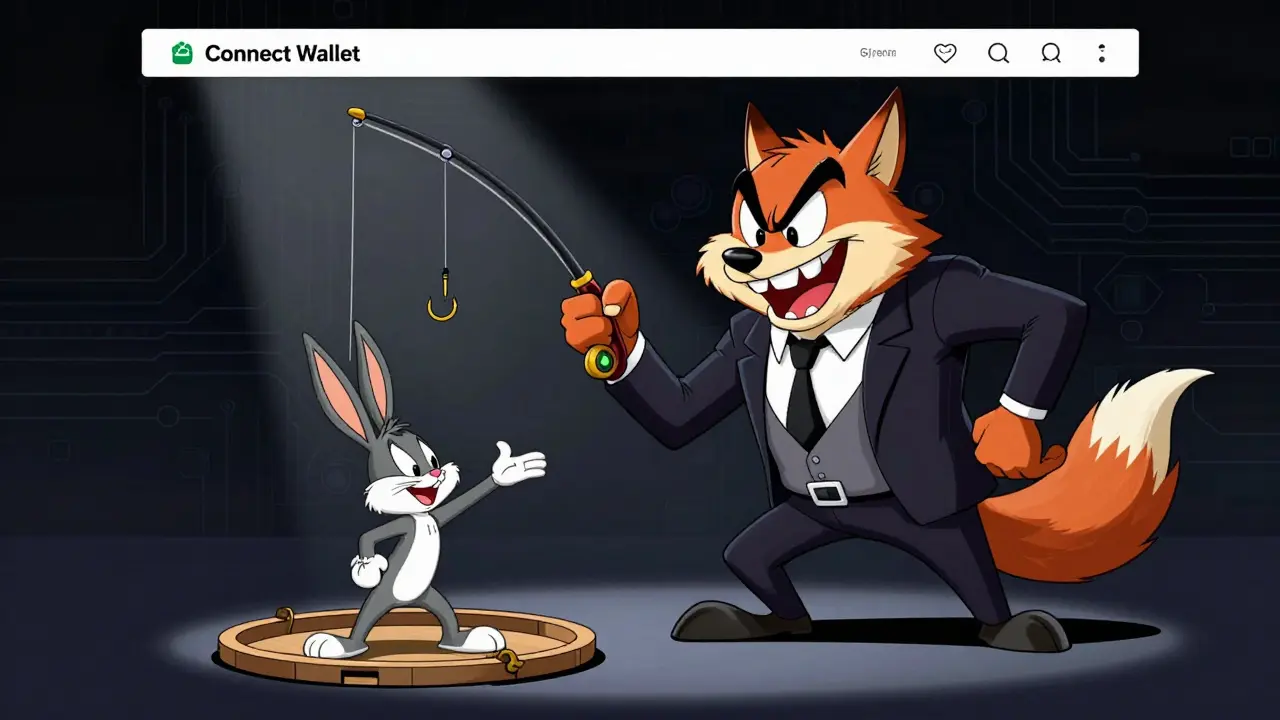 A cartoon villain disguising a fake website as a trap for a wallet connection