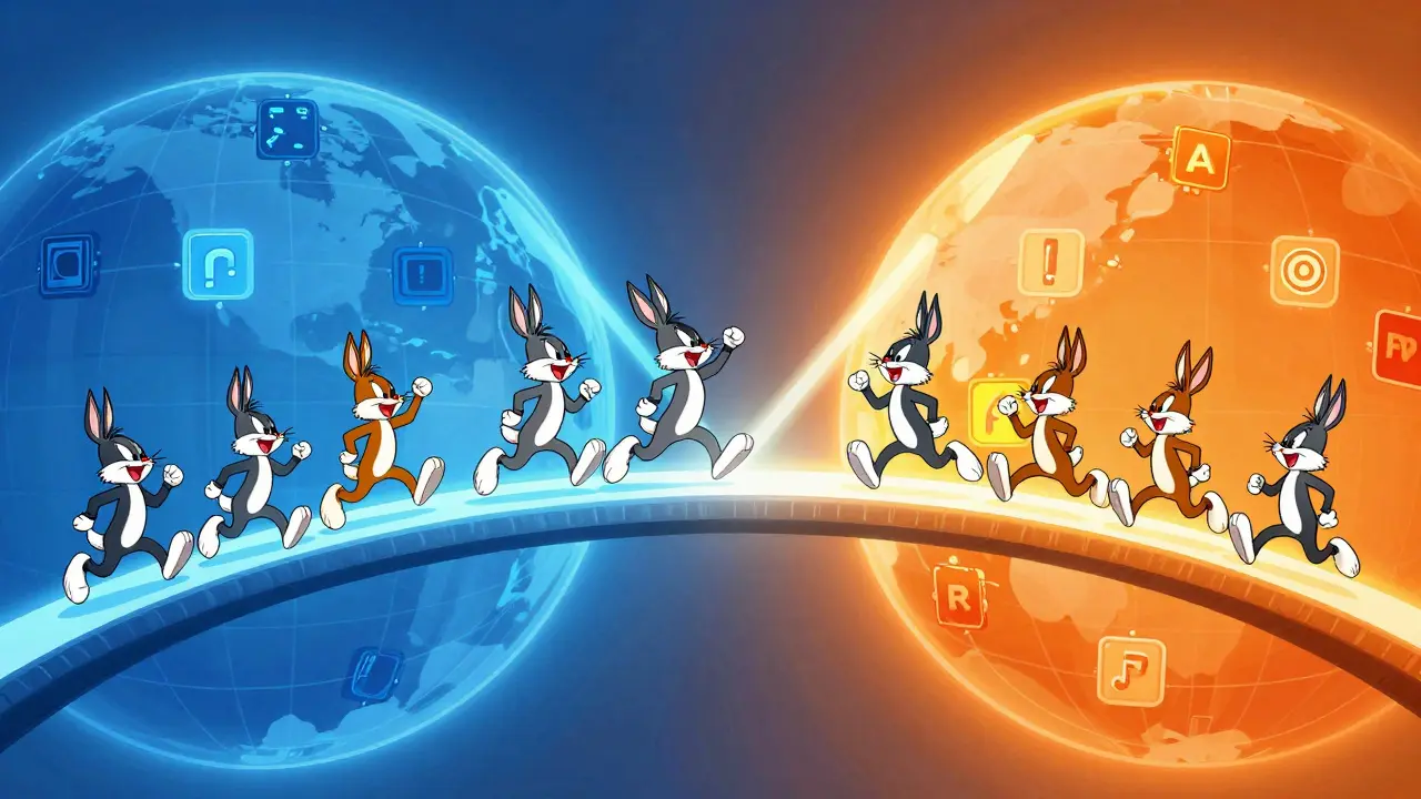 Animated characters crossing a glowing bridge between two blockchain worlds
