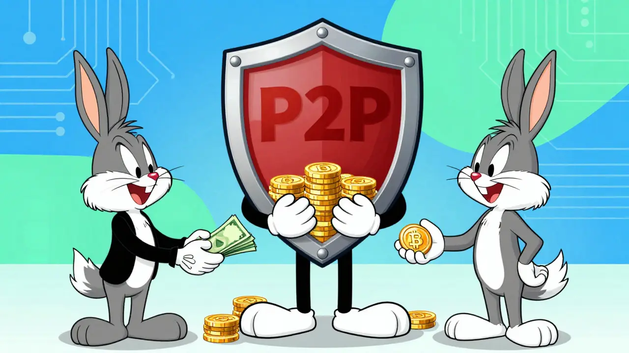 Animated shield guarding coins during a handshake between buyer and seller