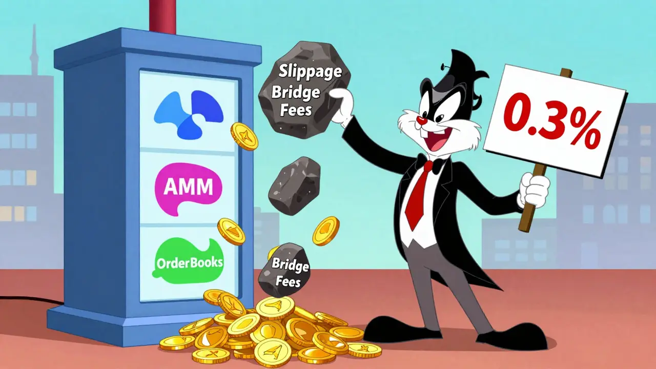 Animated villain hiding high fees behind a deceptive hybrid exchange machine