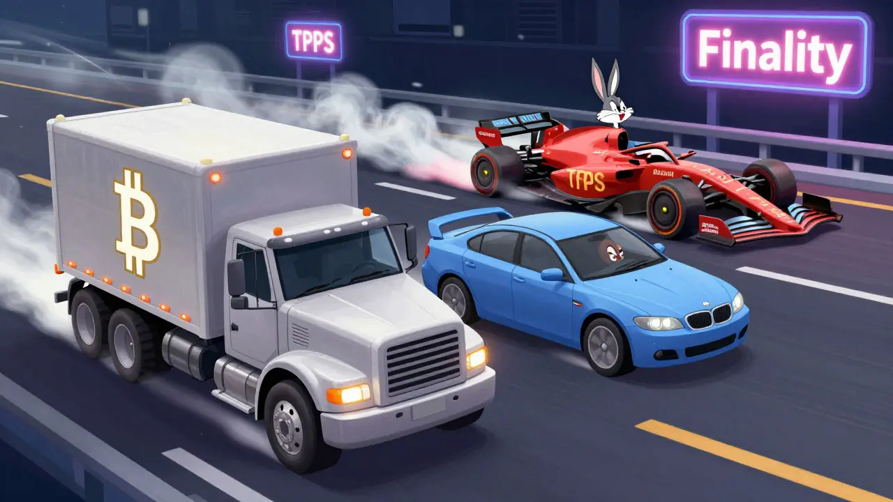 Bitcoin truck, Ethereum car, and Solana race car on a digital highway