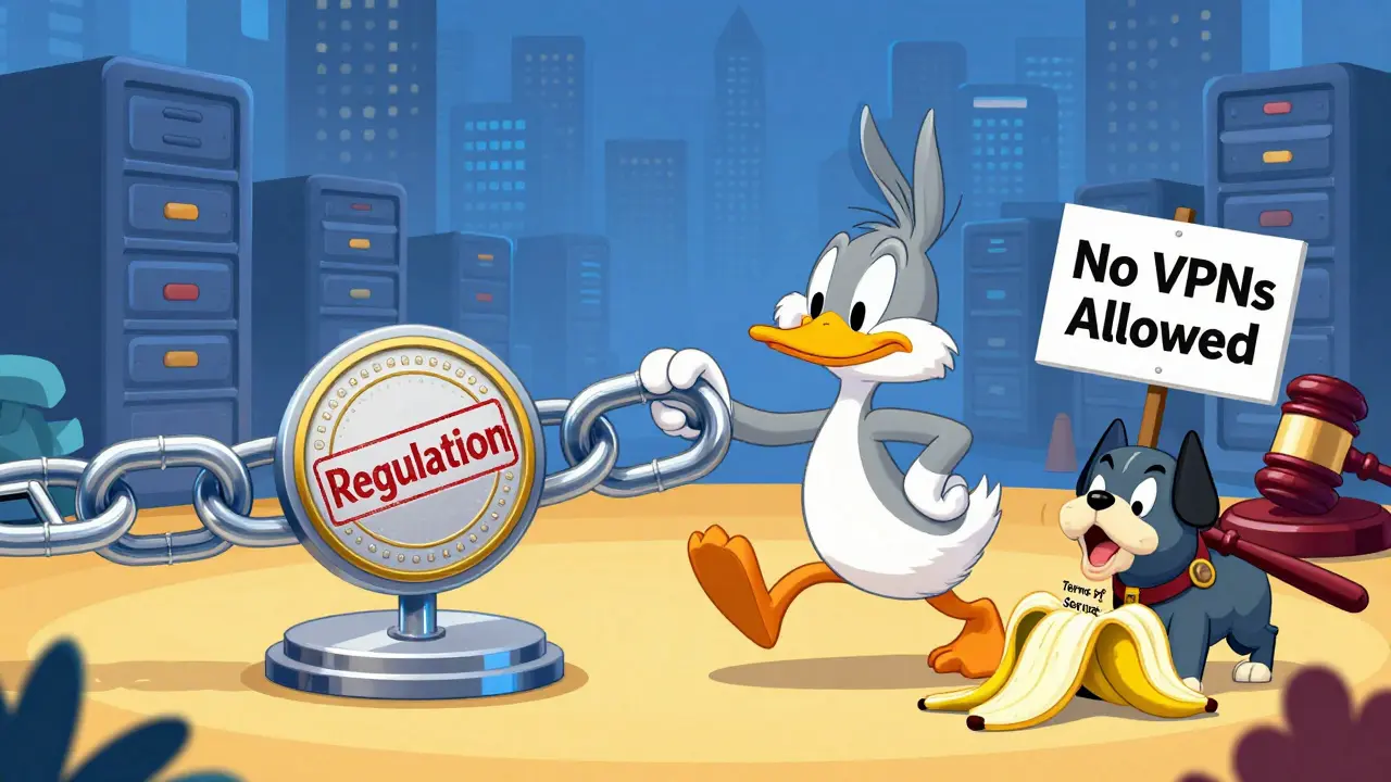 Cartoon character tripping over compliance rules in crypto world