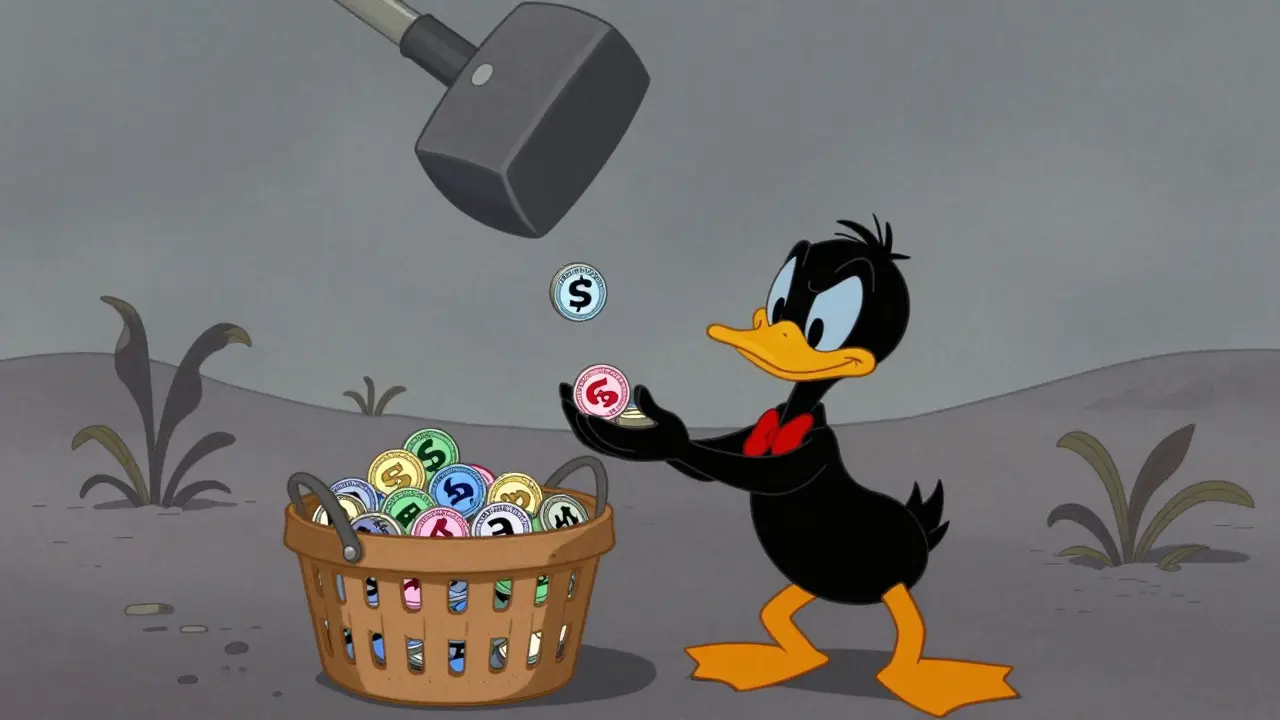 Cartoon character watching token value plummet due to low liquidity and no buyers.