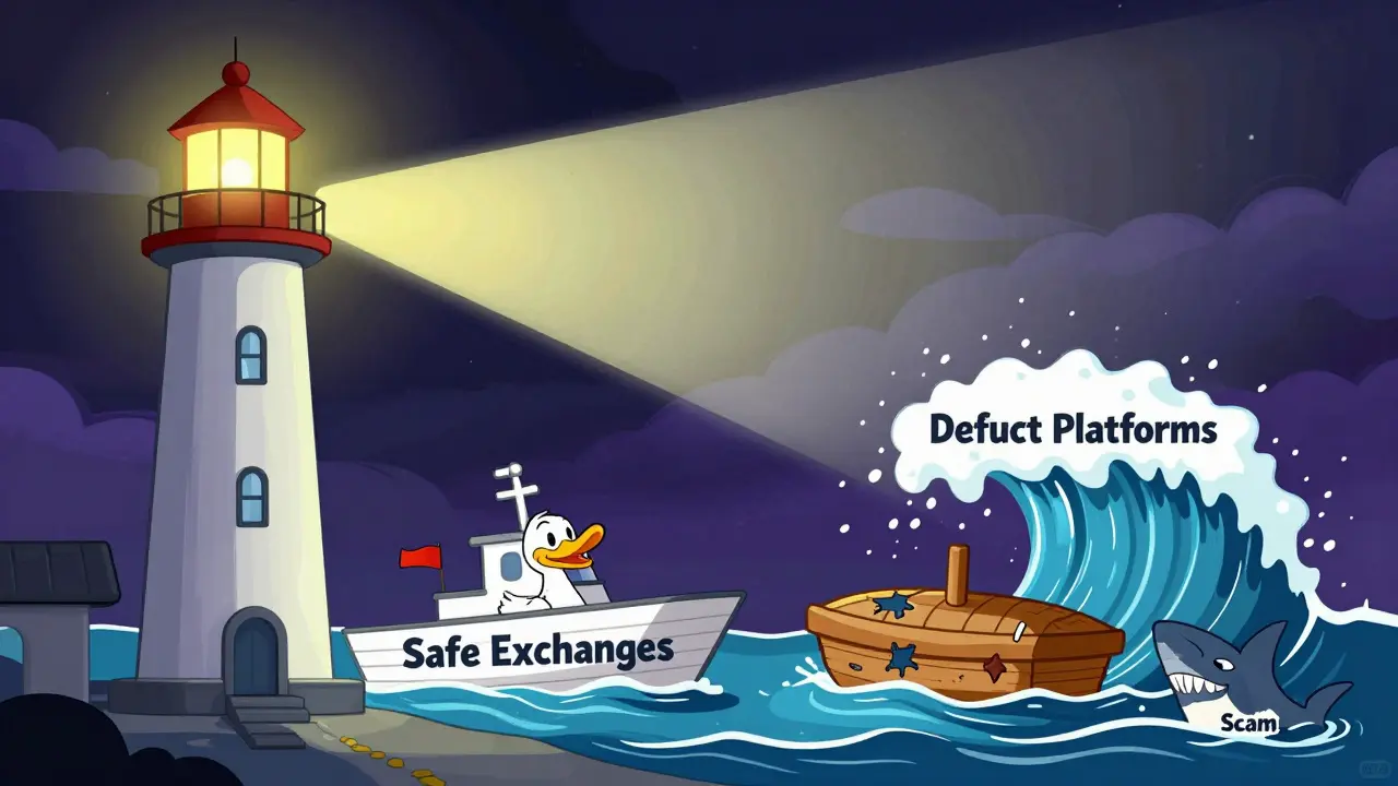 Cartoon comparison of safe crypto exchanges versus risky defunct ones