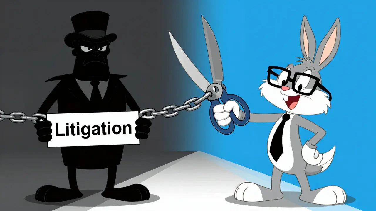 Cartoon figures cutting chains of litigation to show regulatory shift