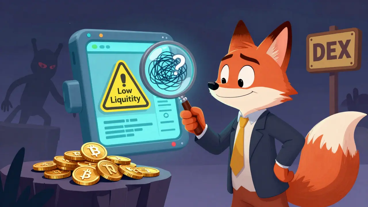 Cartoon fox inspecting a crypto wallet with a magnifying glass revealing hidden risks and low liquidity.