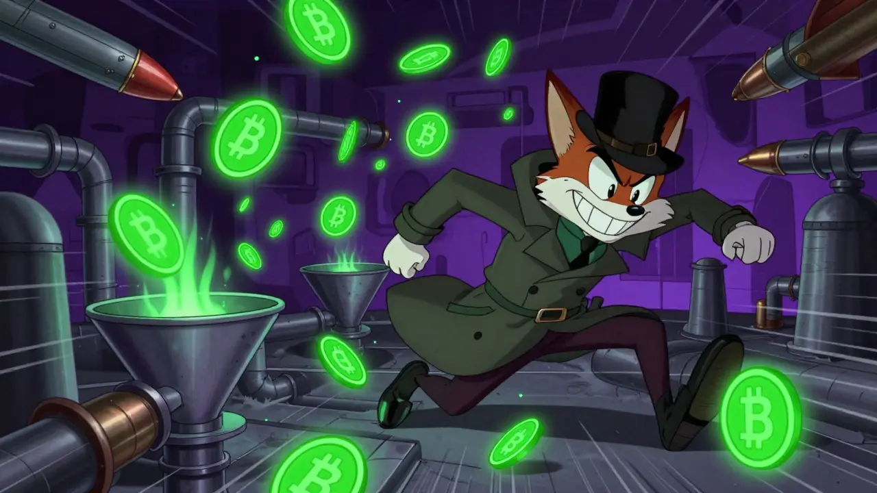 Cartoon fox-like hacker laundering crypto coins into missiles