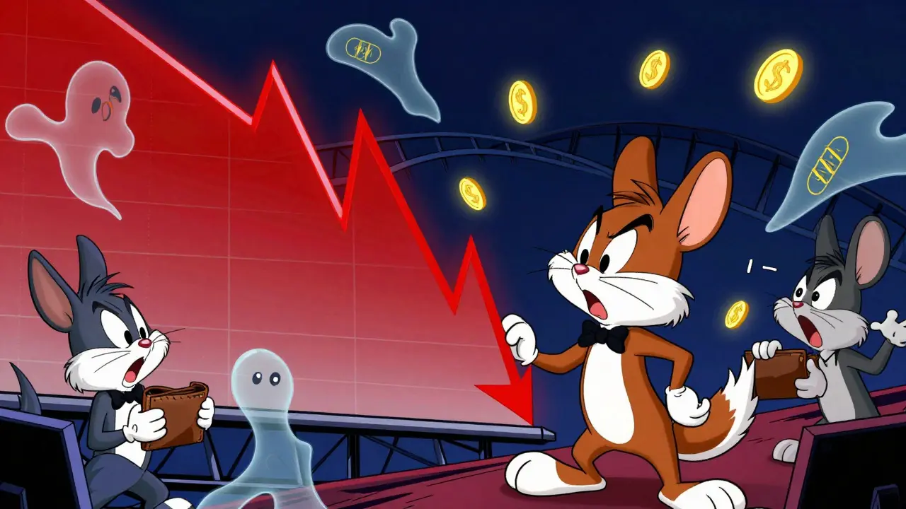 Cartoon investor watching a dramatic price crash graph with shocked expression in Looney Tunes style.