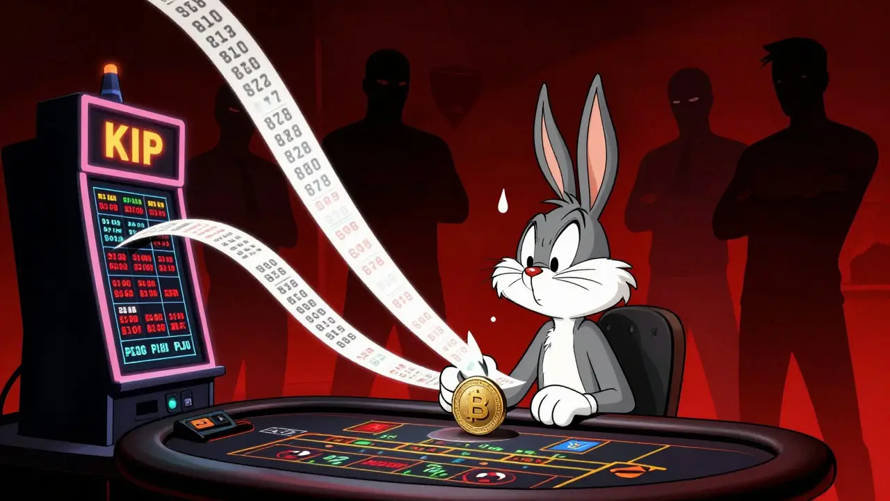Cartoon of an investor panicking as KIP token price crashes on chart