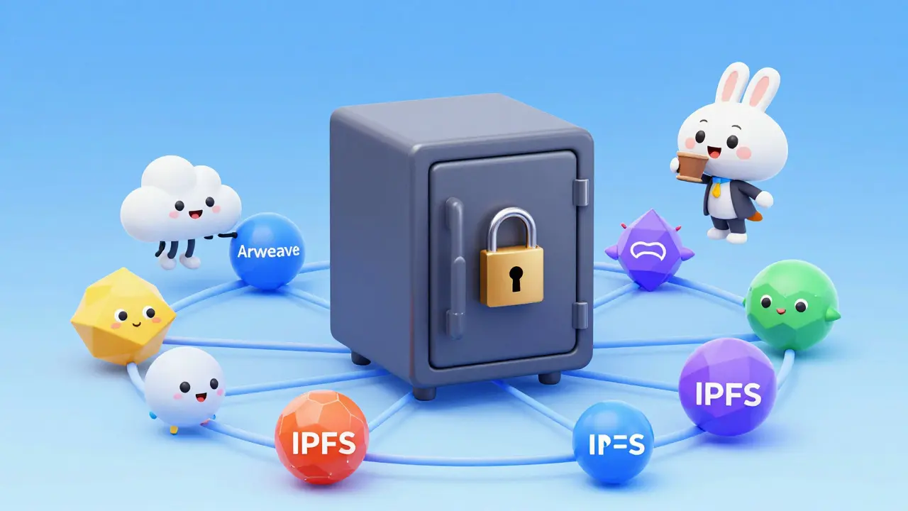 Cartoon safe floating in a network of decentralized storage nodes
