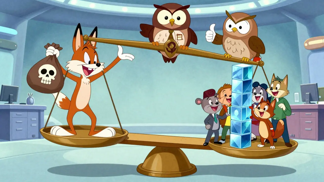 Cartoon scale balancing fraud punishment with developer innovation