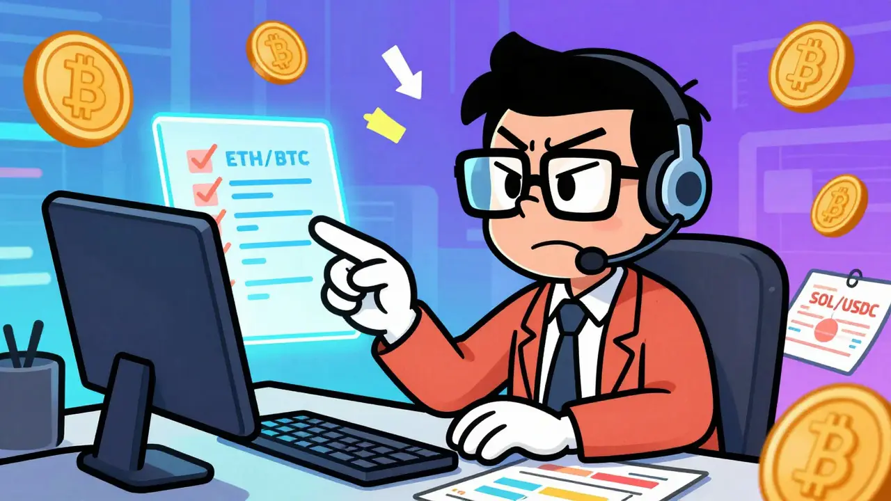 Cartoon trader analyzing crypto charts and checklists
