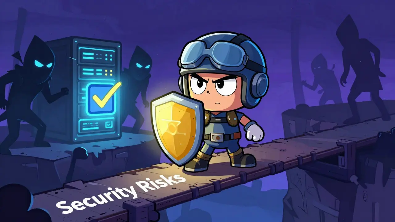 Cautious cartoon user crossing a risky security bridge with hackers lurking