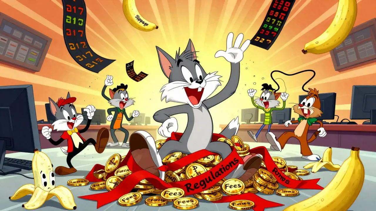 Chaotic cartoon scene of traders overwhelmed by fees and regulations