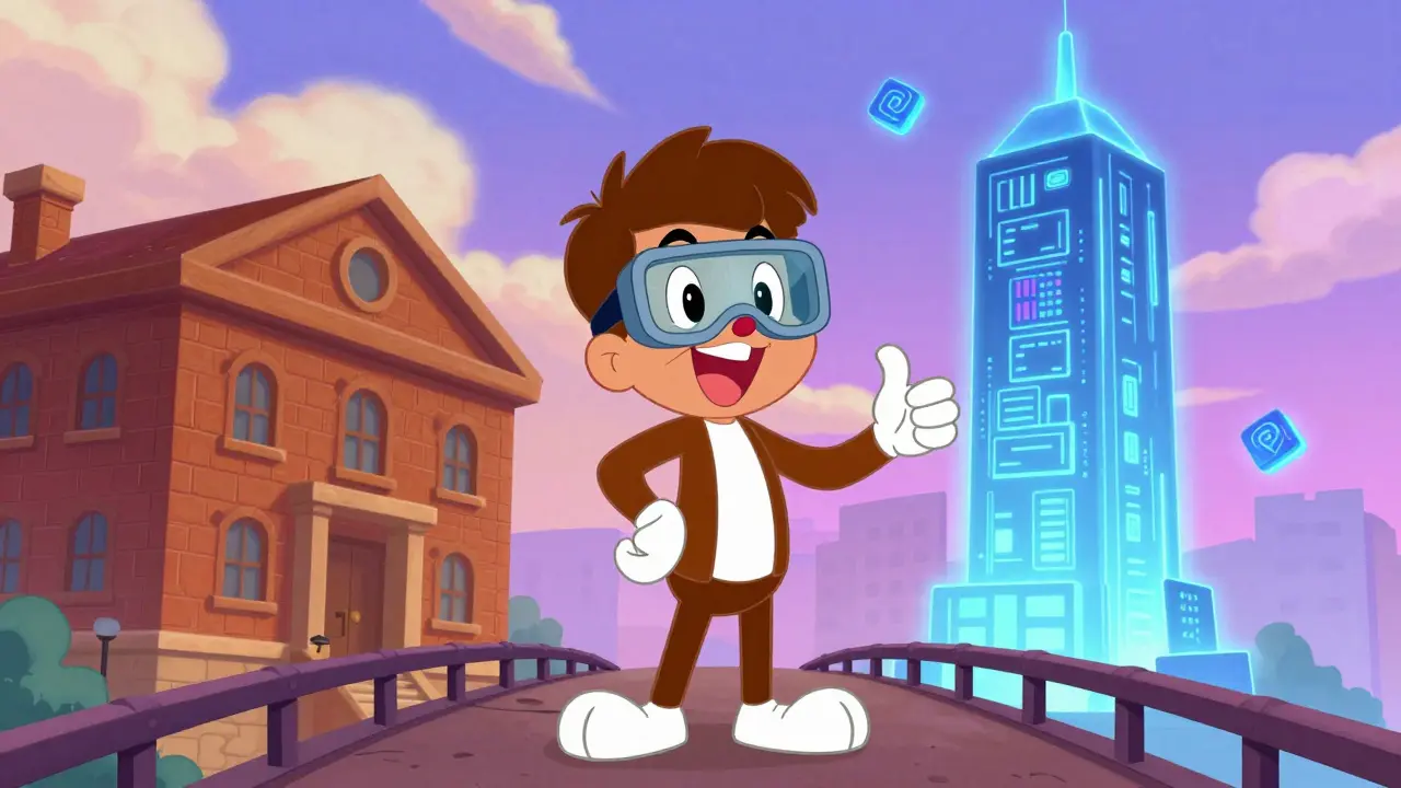 Character standing on a bridge linking traditional banks to digital crypto towers