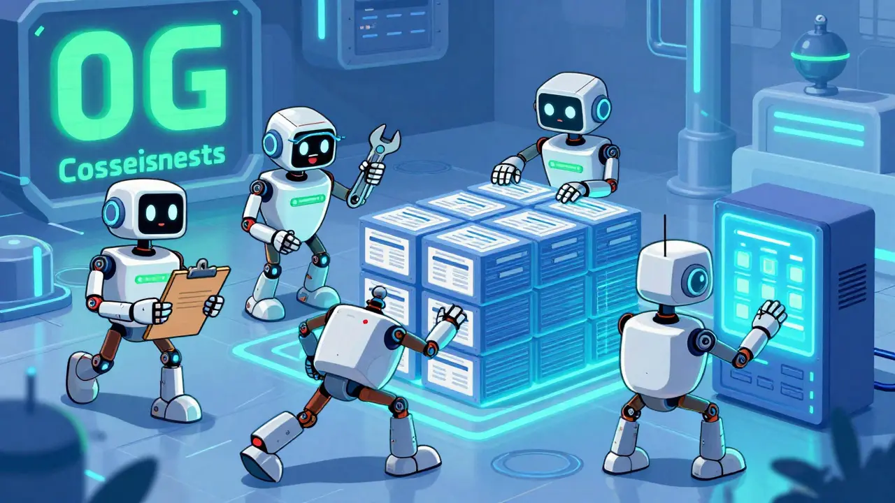 Cheerful robots working efficiently in a modular 0G technology factory