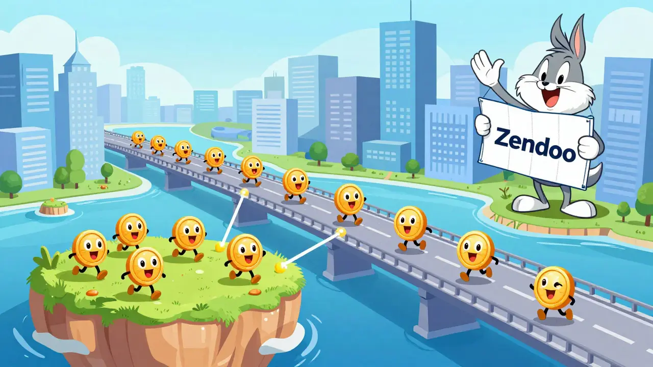 Coins jumping onto a bridge to connect with a larger digital cityscape.