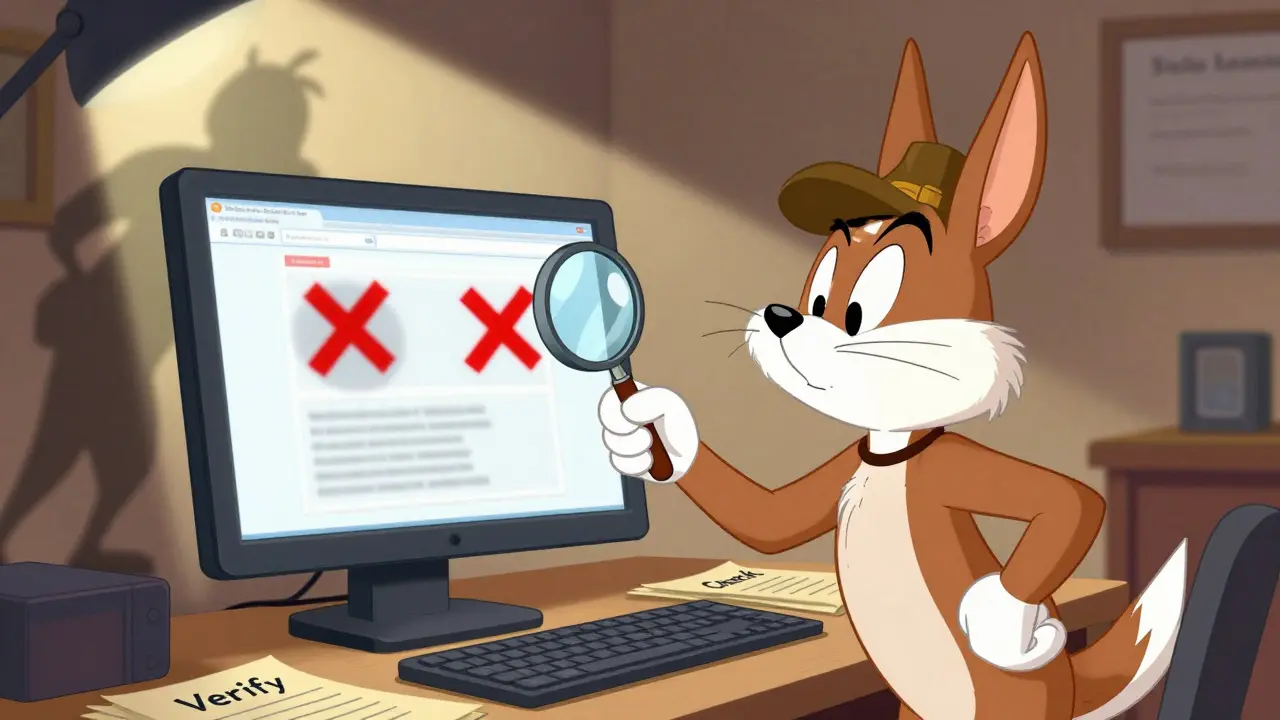 Detective dog examining a suspicious website with a magnifying glass