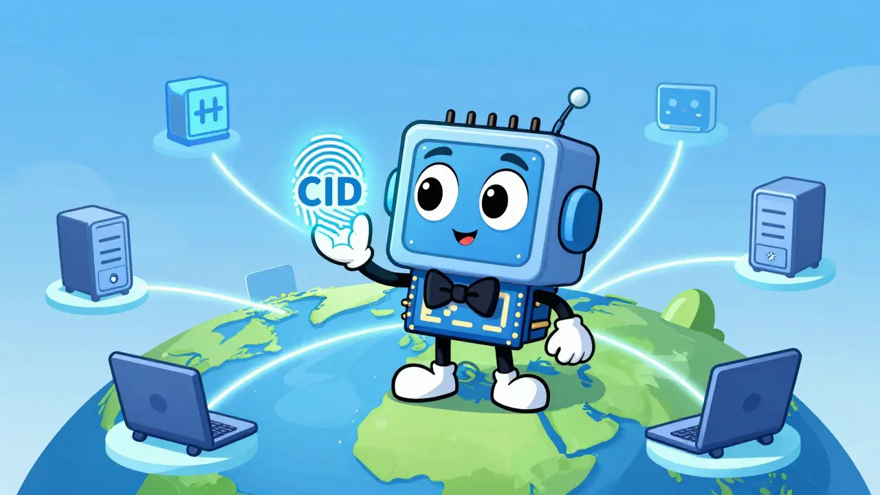 Friendly tech character explaining IPFS content addressing with global nodes