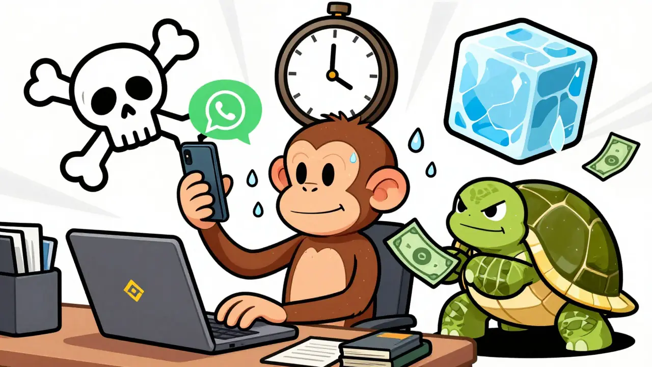 Funny cartoon of risky peer-to-peer crypto trades with fraud and delay symbols.