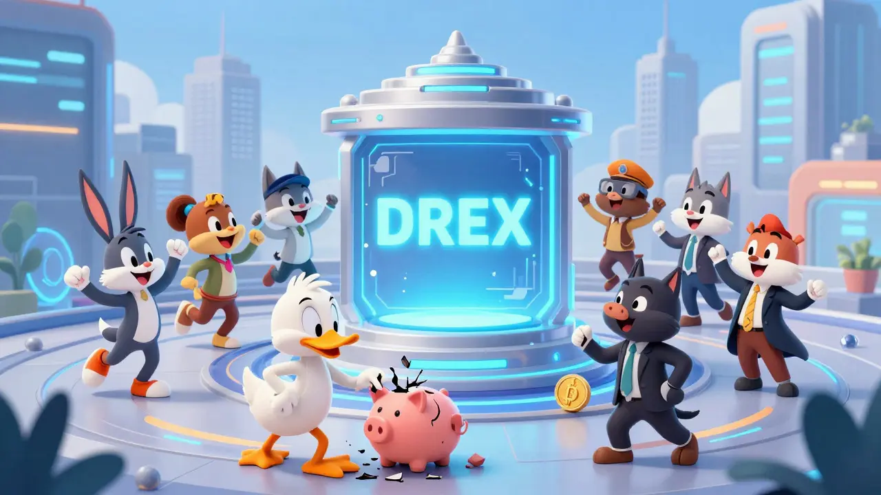 Futuristic DREX blockchain infrastructure in a city