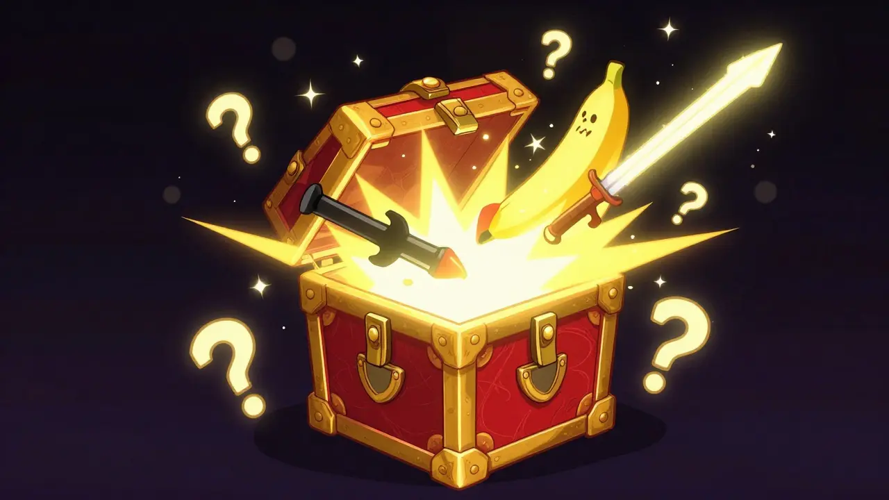 Gloving weapon box exploding with cartoon items and light
