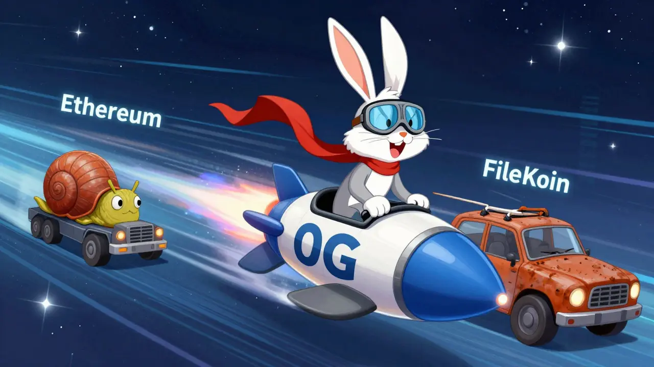 Heroic rabbit racing on a 0G rocket past slower crypto competitors