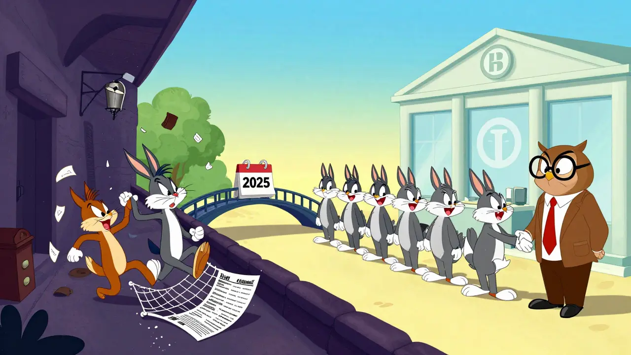 Illustration contrasting chaotic underground crypto trading with new regulated order.
