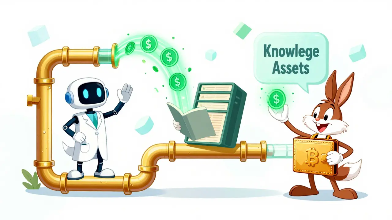 Illustration of AI models being paid automatically via blockchain pipes