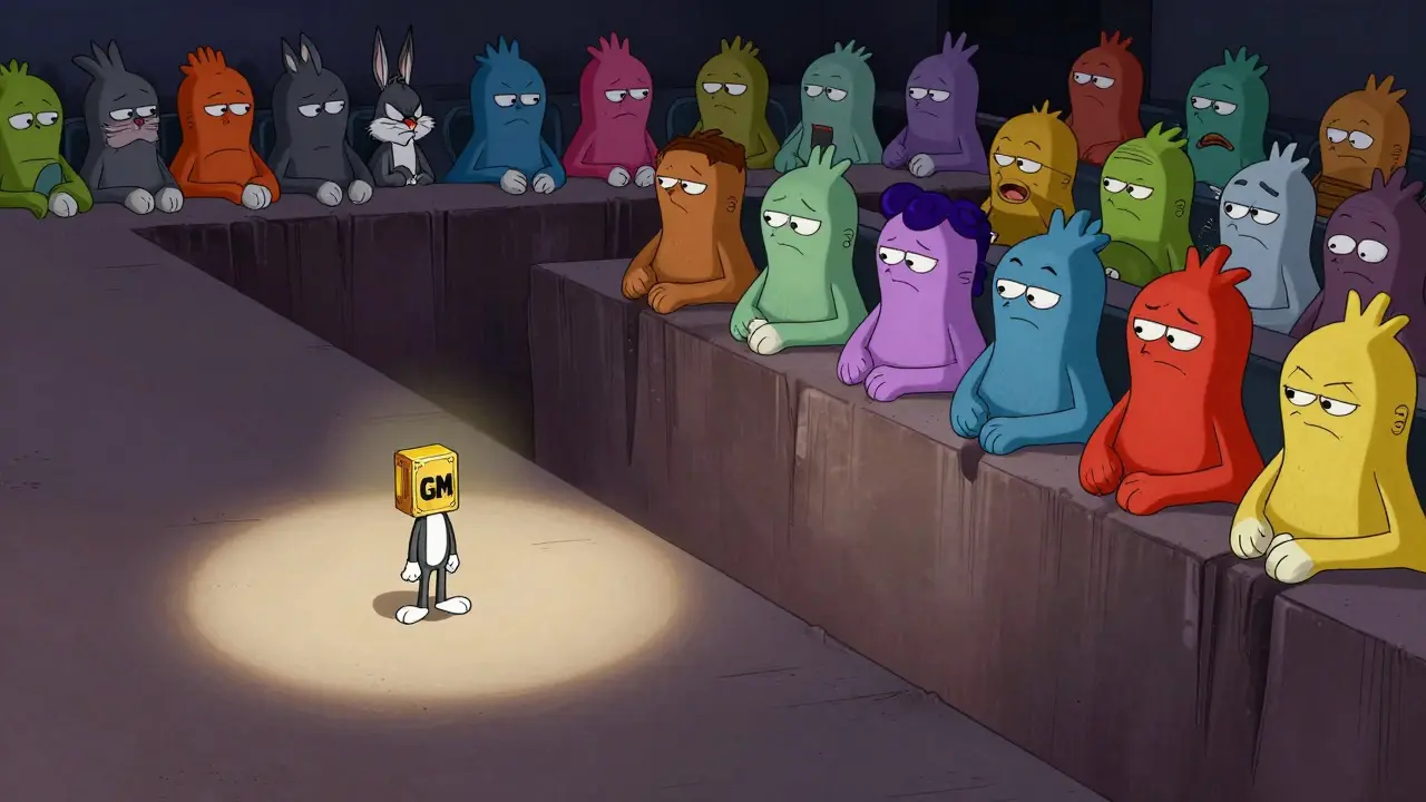 Lonely cartoon token standing alone across an empty gap, symbolizing low liquidity.