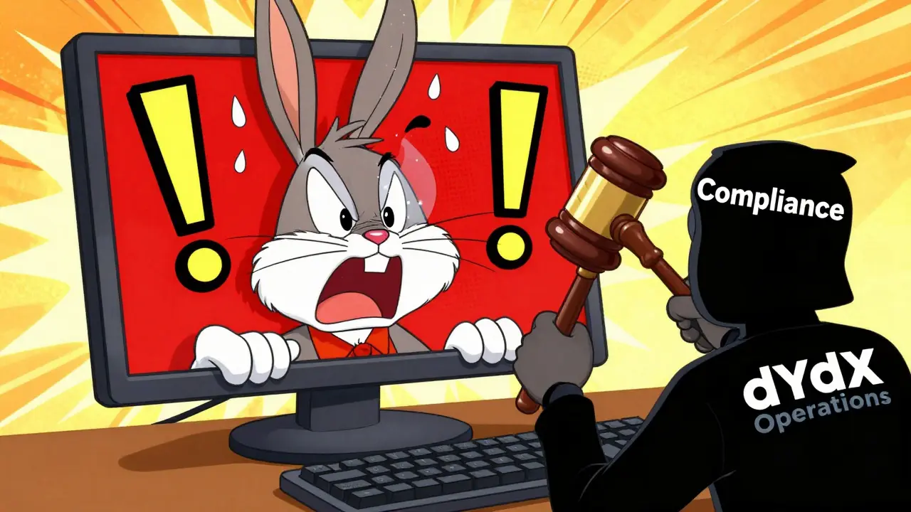 Panic-stricken cartoon trader facing account restriction warning