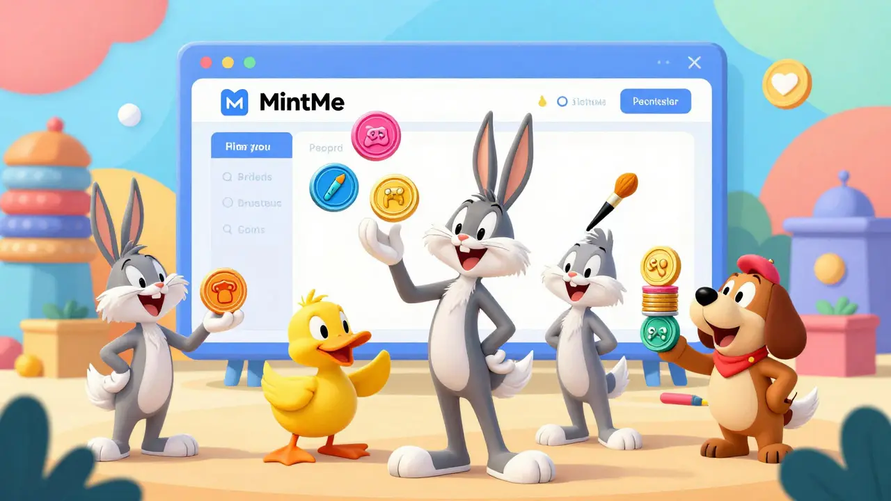 Quirky characters trading custom colorful tokens in a market