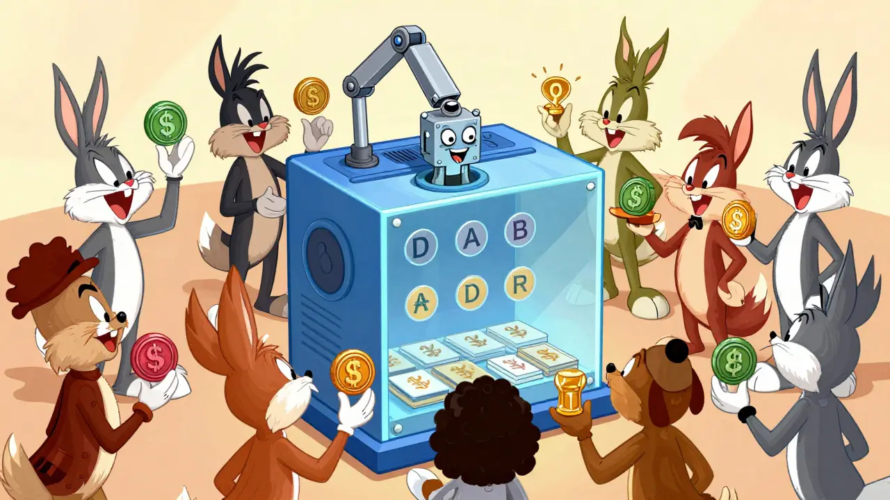 Quirky characters voting in a DAO booth with a robot executing results